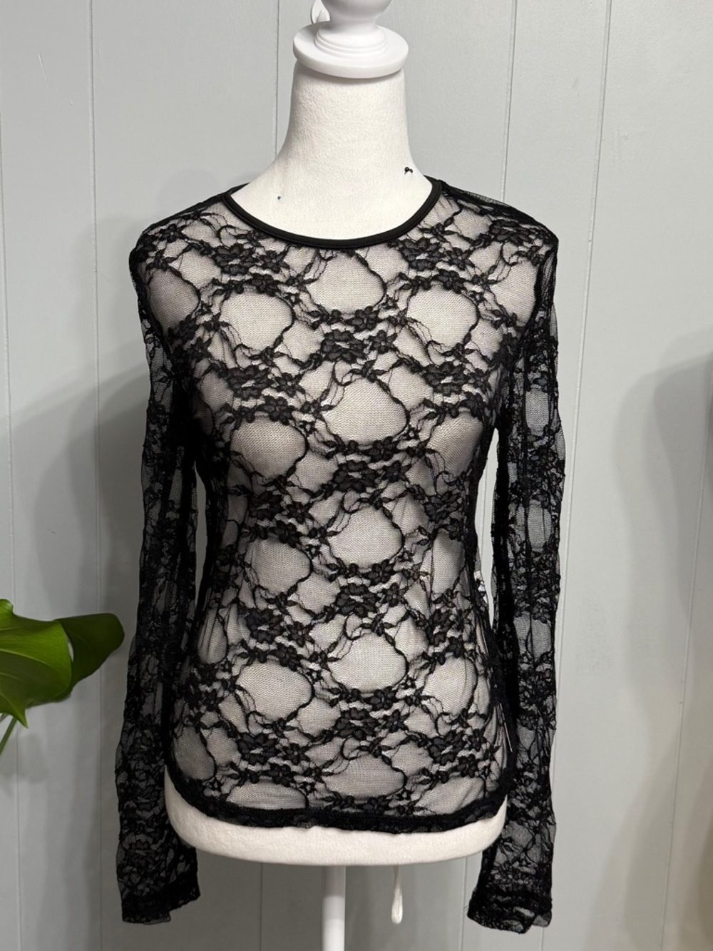 #10) Black Floral Lace Long Sleeve Crewneck Top